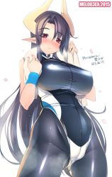 Rule 34 | 1girl, akatsuki francesca, artist name, bad id, bad twitter id, blush, bodysuit, breasts, cameltoe, cowboy shot, dated, female focus, grey hair, hip focus, horns, impossible clothes, large breasts, light smile, long hair, long pointy ears, looking at viewer, mel/a, nose blush, original, pointy ears, red eyes, shiny clothes, simple background, skin tight, smile, solo, steam, sweat, towel, towel around neck, turtleneck, unitard, very long hair, white background, wristband
