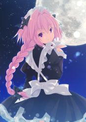 Rule 34 | 1boy, absurdres, alternate costume, androgynous, astolfo (fate), back bow, black bow, black dress, blunt bangs, bow, braid, braided ponytail, crossdressing, dress, fate/grand order, fate (series), from behind, full moon, hair between eyes, hair bow, hazumi rio, head tilt, highres, long hair, male focus, moon, night, outdoors, pink hair, ponytail, purple eyes, rabbit, single braid, sky, solo, star (sky), starry sky, trap, very long hair, white bow