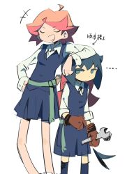 Rule 34 | 2girls, amanda o&#039;neill, ankle socks, arrcticc fish, black hair, blue dress, blue eyes, closed eyes, constanze amalie von braunschbank-albrechtsberger, dress, gloves, holding, holding wrench, jitome, leaning on person, little witch academia, looking at viewer, luna nova school uniform, multiple girls, red gloves, red hair, school uniform, shirt, short hair, simple background, socks, standing, thick eyebrows, white background, white shirt, witch, wrench