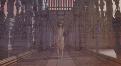 Rule 34 | 1girl, arch, architecture, bad id, bad pixiv id, bandages, blue theme, brown hair, church, column, evening, gothic architecture, jewelry, kyuufu, leg wrap, long hair, looking at viewer, necklace, orange sky, original, pillar, scenery, shadow, sky, solo, standing, tattoo, vanishing point