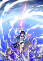 Rule 34 | 1girl, ;d, arm up, bare legs, blue hair, boots, cross-laced footwear, female focus, hat, hinanawi tenshi, keystone, lace-up boots, long hair, one eye closed, open mouth, red eyes, saki chisuzu, smile, solo, sword of hisou, touhou, wink