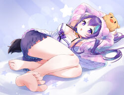 Rule 34 | :o, amimi, animal ear hood, armpits, arms up, bare legs, barefoot, bell, bloomers, blue hair, bra strap, breasts, choker, cleavage, commission, dot nose, dress, fake animal ears, holding, holding stuffed toy, hood, hood up, indie virtual youtuber, large breasts, long hair, looking at viewer, lunatrix, lying, multicolored hair, neck bell, on side, pink shirt, purple eyes, purple hair, shirt, short dress, skeb commission, sleeveless, sleeveless dress, soles, strapless, strapless dress, striped clothes, striped shirt, stuffed toy, tail, toes, two-tone hair, underwear, white dress