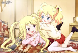 Rule 34 | 10s, 2girls, :d, absurdres, alice cartelet, alternate hairstyle, blonde hair, blue eyes, bunching hair, casual, feet, hair ornament, hairclip, highres, kin-iro mosaic, kitagawa daisuke, kujou karen, megami magazine, multiple girls, no shoes, non-web source, official art, open mouth, purple eyes, smile, socks, thighhighs, twintails, two side up, white legwear, x hair ornament