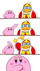 Rule 34 | blush stickers, colored skin, gloves, hand up, highres, king dedede, kirby, kirby (series), looking at another, motion lines, nintendo, pink skin, pom pom (clothes), reaching, slapping, solid oval eyes, yellow gloves, yutakunatu