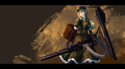 Rule 34 | 1girl, alternate hairstyle, backpack, bad id, bad pixiv id, bag, black gloves, camouflage, camouflage headwear, camouflage shirt, camouflage skirt, closed mouth, elbow gloves, gloves, green eyes, green hair, green hat, green shirt, green skirt, gun, hair between eyes, hat, highres, holding, holding gun, holding weapon, key, letterboxed, lfacras, long hair, shirt, short sleeves, skirt, solo, touhou, weapon, yamashiro takane