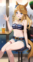 Rule 34 | 1girl, animal ears, bandeau, bare shoulders, belt, blonde hair, blue eyes, blush, bow, breasts, chain, chair, choker, cup, dated, denim, denim shorts, drinking straw, ear bow, extra, feet out of frame, gold city (umamusume), hand up, hanging plant, highres, horse ears, horse girl, horse tail, jacket, unworn jacket, knees together feet apart, long hair, may9, midriff, navel, shorts, signature, sitting, table, tail, thigh strap, umamusume, window, ||/