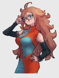Rule 34 | 1girl, adjusting eyewear, ahoge, android 21, black-framed eyewear, black nails, black sleeves, blue eyes, breasts, brown hair, checkered clothes, checkered dress, closed mouth, commentary request, cropped torso, detached sleeves, dragon ball, dragon ball fighterz, dress, earrings, fingernails, glasses, grey background, hair between eyes, hand on own hip, hoop earrings, jewelry, kemachiku, large breasts, long hair, looking at viewer, nail polish, simple background, smile, solo, very long hair