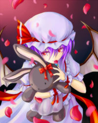 Rule 34 | 1girl, bad id, bad pixiv id, bat wings, female focus, hat, max0201, mouth hold, petals, purple hair, red eyes, remilia scarlet, short hair, solo, stuffed animal, stuffed rabbit, stuffed toy, touhou, wings