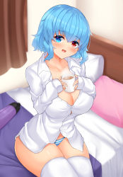 Rule 34 | 1girl, bed, blue eyes, blue hair, breasts, cup, curtains, daichi (tokoya), heterochromia, highres, holding, holding cup, large breasts, long sleeves, mug, on bed, panties, pillow, shirt, short hair, sitting, solo, striped clothes, striped panties, tatara kogasa, thighhighs, touhou, umbrella, underwear, white shirt