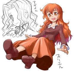 Rule 34 | 2girls, :d, adel roland, ankle boots, blouse, blush, boots, brown footwear, dress, firiel dee, full body, lineart, long hair, long sleeves, looking at viewer, more (strong oppai), multiple girls, nishi no yoki majo, open mouth, orange eyes, orange hair, red hair, shirt, simple background, smile, white background