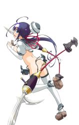 Rule 34 | 1girl, ahoge, ass, blue eyes, blue hair, broken, broken weapon, dual wielding, from behind, full body, hair ribbon, hat, holding, miniskirt, official art, open mouth, oshiro project:re, oshiro project:re, pleated skirt, polearm, ribbon, shachihoko, skirt, solo, spear, sw, takamatsu (oshiro project), tearing up, thighhighs, torn clothes, torn skirt, transparent background, wavy mouth, weapon