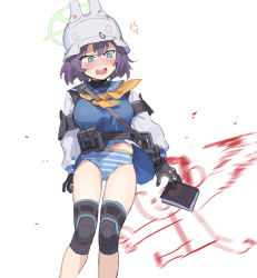 Rule 34 | 1girl, animal ears, armband, bag, black gloves, blue archive, blush, book, breasts, clothes lift, doodle sensei (blue archive), gloves, green eyes, hair between eyes, halo, helmet, highres, knee pads, looking at viewer, maqin, motion blur, panties, purple hair, rabbit ears, saki (blue archive), sensei (blue archive), short hair, simple background, skirt, skirt lift, solo, striped clothes, striped panties, underwear, white background