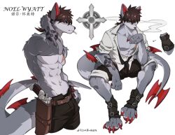 Rule 34 | 1boy, abs, animal ears, animal feet, arm behind head, arm tattoo, artist name, body fur, brown hair, chinese text, cigarette, claws, collared shirt, fish7163, full body, furry, furry male, grey fur, gun, handgun, highres, holding, holding cigarette, holster, holstered, looking at viewer, low ponytail, male focus, multiple views, open clothes, open mouth, original, red eyes, revolver, scar, scar on chest, shirt, short hair, short ponytail, simple background, sitting, smoke trail, tail, tattoo, thigh holster, toned, toned male, topless male, weapon, white background, wolf boy, wolf ears