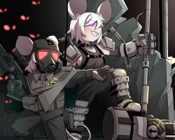 Rule 34 | animal ears, armor, badge, belt pouch, capelet, choker, commentary request, ears through headwear, exoskeleton, gas mask, gloves, glowing, glowing eye, grin, gun, hammer, helmet, highres, holding, holding gun, holding hammer, holding weapon, korean commentary, mask, mechanical gloves, military uniform, mouse ears, mouse girl, mouse tail, original, pointing, pouch, power armor, purple eyes, rebar, red eyes, rifle, rubble, scope, sharp teeth, shirt, sleeveless, sleeveless shirt, slit pupils, smile, sniper rifle, sung08ko, tail, tank top, teeth, uniform, weapon, white hair