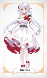 Rule 34 | 1girl, :q, absurdres, alternate costume, bow, character name, chinese commentary, dress, earrings, elbow gloves, full body, gloves, highres, honkai (series), honkai impact 3rd, jewelry, long hair, looking at viewer, low twintails, musical note, musical note print, pantyhose, pointy ears, red eyes, silver hair, solo, standing, theresa apocalypse, tongue, tongue out, twintails, white background, white dress, white footwear, white gloves, white pantyhose, zhongwu chahui