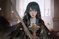 Rule 34 | 1girl, armor, blue eyes, blue hair, breasts, byleth (female) (fire emblem), byleth (fire emblem), cape, fire emblem, fire emblem: three houses, holding, holding sword, holding weapon, indoors, lips, long hair, looking at viewer, nintendo, nose, solo, sword, upper body, weapon, yueko (jiayue wu)