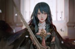 1girl armor blue_eyes blue_hair breasts byleth_(female)_(fire_emblem) byleth_(fire_emblem) cape fire_emblem fire_emblem:_three_houses holding holding_sword holding_weapon indoors lips long_hair looking_at_viewer nintendo nose solo sword upper_body weapon yueko_(jiayue_wu)