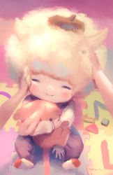 Rule 34 | 1boy, afro, animal, bad id, bad pixiv id, blush, rabbit, closed mouth, commentary request, fluffy, highres, holding, holding animal, horns, male focus, manino (mofuritaionaka), no shoes, original, out of frame, pants, headpat, pov, pov hands, smile, socks, solo focus, white hair