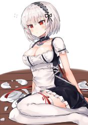 Rule 34 | 1girl, azur lane, breasts, choker, cleavage, commentary request, dress, hairband, highres, large breasts, nonon (xenonbot), on floor, plate, red eyes, ribbon, short hair, short sleeves, sidelocks, sirius (azur lane), solo, thighhighs, white thighhighs