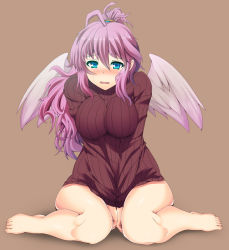 Rule 34 | 1girl, ahoge, alternate costume, angel, angel wings, archangel metatron (p&amp;d), bare legs, barefoot, between legs, blue eyes, blush, bottomless, breasts, feathered wings, full body, impossible clothes, impossible sweater, large breasts, long hair, long sleeves, noako (por1212), open mouth, pink hair, ponytail, puzzle &amp; dragons, ribbed sweater, sitting, solo, sweatdrop, sweater, v arms, wariza, wavy hair, wings