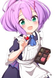 Rule 34 | 1girl, :d, ame., apron, ascot, azur lane, blue ascot, blush, candy, chocolate, chocolate heart, collared dress, commentary request, dress, dutch angle, food, green eyes, hair between eyes, hair ornament, heart, high ponytail, highres, holding, holding food, javelin (azur lane), looking at viewer, maid apron, open mouth, pink hair, ponytail, puffy short sleeves, puffy sleeves, purple dress, short sleeves, sidelocks, simple background, smile, solo, white apron, white background