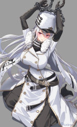 Rule 34 | 1girl, arms up, azur lane, black gloves, blush, breasts, buttons, closed mouth, coat, coat dress, commentary request, cuboon, double-breasted, elbow gloves, floating hair, fur-trimmed coat, fur trim, gloves, grey background, hair between eyes, hat, head tilt, high collar, kneeling, large breasts, long hair, looking at viewer, military hat, mole, mole under eye, peaked cap, red eyes, restrained, silver hair, simple background, solo, sovetskaya rossiya (azur lane), twitter username, very long hair, white coat, white hat