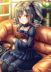 Rule 34 | 10s, 1girl, :t, blush, breasts, chiko (kanhogo), cleavage, dress, drill hair, hair ribbon, highres, idolmaster, idolmaster cinderella girls, kanzaki ranko, long hair, looking at viewer, pantyhose, pout, red eyes, ribbon, silver hair, sitting, small breasts, solo, twin drills, twintails