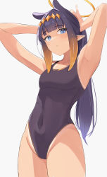 Rule 34 | 1girl, absurdres, adjusting hair, highres, hololive, hololive english, ku roiko, long hair, looking at viewer, multicolored hair, ninomae ina&#039;nis, one-piece swimsuit, pointy ears, ponytail, purple hair, school swimsuit, simple background, solo, swimsuit, tan, tanline, tentacle hair, virtual youtuber, white background