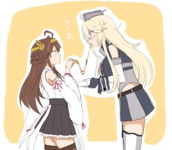 Rule 34 | 10s, 2girls, ahoge, atsushi (aaa-bbb), bare shoulders, blonde hair, blue eyes, blush, breasts, brown eyes, cleavage, detached sleeves, double bun, eating, eye contact, food, from side, hair between eyes, hair bun, height difference, iowa (kancolle), japanese clothes, jitome, kantai collection, kongou (kancolle), large breasts, long eyelashes, long hair, looking at another, miniskirt, multiple girls, nontraditional miko, pizza, pizza box, pleated skirt, profile, ribbon-trimmed sleeves, ribbon trim, single hair bun, skirt, thighhighs, wide sleeves, zettai ryouiki