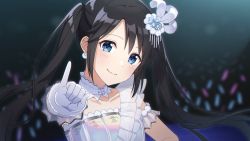 Rule 34 | 1girl, audience, black hair, blue eyes, blush, choker, closed mouth, collarbone, earrings, feather hair ornament, feathers, gloves, hair ornament, head tilt, idol, idolmaster, idolmaster shiny colors, jewelry, long hair, looking at viewer, mitsumine yuika, saka nanato, smile, solo, stage, twintails, upper body, white choker, white feathers, white gloves
