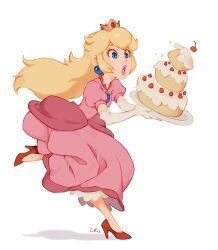 Rule 34 | 1girl, blonde hair, blue eyes, blue gemstone, brooch, cake, cherry, chest jewel, collared dress, commentary, crown, dress, earrings, elbow gloves, english commentary, eyelashes, food, frilled dress, frills, fruit, full body, gem, gift art, gloves, gold headwear, high heels, holding, holding food, holding plate, jewelry, leg up, lipstick, long hair, looking ahead, luisa rafidi, makeup, mario (series), mini crown, nintendo, open mouth, pink dress, pink lips, pink sleeves, plate, princess peach, puffy short sleeves, puffy sleeves, red footwear, shadow, short sleeves, signature, simple background, solo, sphere earrings, strawberry, super mario bros. 1, very long hair, white background, white gloves
