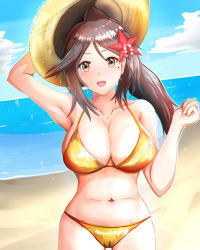 Rule 34 | :d, alternate costume, amagi (kancolle), bad id, bad twitter id, beach, bikini, breasts, brown eyes, brown hair, cleavage, cowboy shot, gold bikini, hair ornament, hat, high ponytail, highres, kantai collection, large breasts, leaf, leaf hair ornament, long hair, looking at viewer, maple leaf, navel, open mouth, smile, solo, straw hat, swimsuit, ushikura