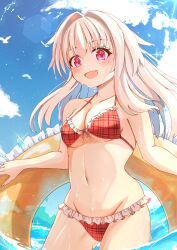Rule 34 | 1girl, absurdres, beach, breasts, clara (honkai: star rail), cleavage, cowboy shot, fang, highres, honkai: star rail, honkai (series), long hair, medium breasts, red eyes, skin fang, sky, solo, swimsuit, water, white hair
