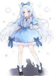 Rule 34 | 1girl, animal ear fluff, animal ears, black footwear, blue bow, blue bowtie, blue dress, blue eyes, blue hair, blush, bow, bowtie, cat ears, closed mouth, commentary, commentary request, commission, dress, dress bow, english commentary, expressionless, floating hair, frilled dress, frills, full body, hair bow, highres, light blue hair, long hair, long sleeves, looking at viewer, mixed-language commentary, original, pixiv commission, puffy sleeves, raised eyebrows, shoes, solo, standing, thighhighs, very long hair, wangyq, white background, white thighhighs