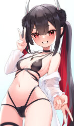 Rule 34 | 1girl, azur lane, bikini, black bikini, black hair, blush, breasts, colored inner hair, double v, gluteal fold, grin, hair between eyes, hand up, hatsuzuki (august&#039;s first romance) (azur lane), hatsuzuki (azur lane), highres, horns, humo, jacket, long hair, looking at viewer, multicolored hair, navel, official alternate costume, open mouth, red eyes, red hair, simple background, small breasts, smile, solo, stomach, swimsuit, thigh strap, twintails, v, white background, white jacket