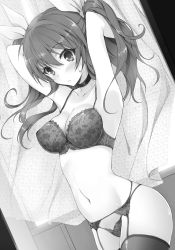 Rule 34 | 1girl, armpits, arms up, bow, bra, breasts, choker, cleavage, collarbone, cowboy shot, floating hair, floral print, garter belt, greyscale, hair between eyes, hair bow, highres, indoors, large breasts, long hair, monochrome, navel, novel illustration, official art, panties, print bra, print panties, rakudai kishi no cavalry, shiny clothes, solo, standing, stella vermillion, thighhighs, twintails, tying hair, underwear, underwear only, won (az hybrid)
