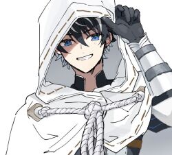 Rule 34 | 1boy, adjusting clothes, black gloves, black hair, blue eyes, charlemagne (fate), cloak, earrings, fate/grand order, fate (series), gloves, grin, hood, hooded cloak, jewelry, looking at viewer, male focus, mo (aabx315), multicolored hair, rerebrace, ribbon trim, short hair, simple background, smile, solo, streaked hair, two-tone hair, upper body, white background, white cloak, white hair