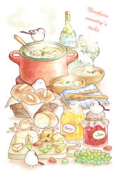 Rule 34 | bird, bottle, bowl, bread, cheese, cup, drinking glass, food, food focus, fruit, grapes, honey, jam, leaf, long-tailed tit, mina michiharu, no humans, original, soup, spoon, steam, stew, strawberry, tit (bird), wine glass