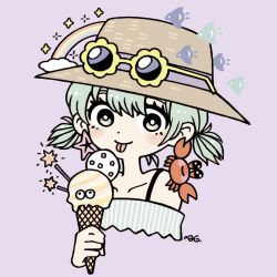 Rule 34 | 1girl, bright pupils, cloud, crab, double scoop, earrings, food, garouma, green hair, hat, highres, ice cream, ice cream cone, jewelry, multicolored eyes, original, portrait, purple background, rainbow, short hair, simple background, solo, starfish, sunglasses, tongue, tongue out, white pupils