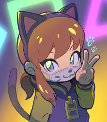 Rule 34 | 1girl, a hat in time, animal ears, blue eyes, brown hair, cat ears, cat tail, child, fake animal ears, female focus, hat kid, jacket, kopa nishikida, looking at viewer, mask, mouth mask, neon lights, ponytail, sidelocks, solo, tail, upper body, v