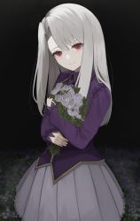 Rule 34 | 1girl, black background, bouquet, closed mouth, commentary request, commission, eyebrows hidden by hair, fate/stay night, fate (series), flower, grey hair, hair between eyes, head tilt, highres, illyasviel von einzbern, long hair, long sleeves, looking at viewer, hugging object, pleated skirt, puffy long sleeves, puffy sleeves, purple shirt, red eyes, shirt, skeb commission, skirt, sleeves past wrists, smile, solo, white flower, white skirt, yamada maya (yamdmay)