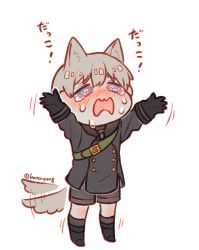 Rule 34 | 1boy, animal ears, artist name, blue eyes, blush, crying, dog boy, dog ears, dog tail, full body, gloves, hn (artist), male focus, nier (series), nier:automata, no blindfold, no nose, outstretched arms, shorts, silver hair, simple background, solo, tail, tears, wavy mouth, white background, 9s (nier:automata)