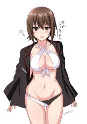 Rule 34 | 10s, 1girl, :o, ?, alternate costume, bikini, black jacket, breasts, brown eyes, brown hair, cleavage, front-tie bikini top, front-tie top, girls und panzer, groin, halterneck, jacket, jacket over swimsuit, large breasts, looking at viewer, matching hair/eyes, navel, nishizumi maho, open clothes, open jacket, saikawa yusa, short hair, sleeves past wrists, solo, swimsuit, twitter username, white background, white bikini