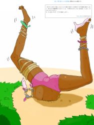 Rule 34 | 1girl, anklet, buried, cameltoe, cleft of venus, creatures (company), dark-skinned female, dark skin, feet, female focus, game freak, grass, head out of frame, high heels, highres, island kahuna, japanese text, jewelry, legs, lower body, nakanun, navel, nintendo, olivia (pokemon), outdoors, pink footwear, pokemon, pokemon sm, purple shorts, sandals, shiny skin, short shorts, shorts, single sandal, solo, spread legs, stuck, sweat, text focus, toes, translation request, upside-down