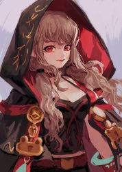 Rule 34 | 1girl, bakgae, bandage on face, bandages, belt, black cloak, black shirt, cloak, closed mouth, dungeon and fighter, gloves, hair tie, highres, ikki the vikki, looking at viewer, painting (medium), pointy ears, red eyes, red gloves, shirt, short twintails, shorts, smile, solo, traditional media, twintails, upper body