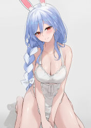 Rule 34 | 1girl, animal ear fluff, animal ears, apron, bare shoulders, blue hair, blush, bra, braid, braided ponytail, breasts, cleavage, collarbone, dema hmw, highres, hololive, large breasts, light blue hair, long hair, looking at viewer, mature female, pekomama, rabbit ears, rabbit girl, red eyes, short eyebrows, sitting, smile, solo, thick eyebrows, thighs, underwear, virtual youtuber, wariza, white apron, white bra, white hair