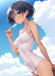 1girl absurdres black_hair blue_eyes blue_sky breasts cloud commentary_request covered_navel day dosu_(doseven) food highres holding holding_food holding_popsicle looking_at_viewer medium_breasts one-piece_swimsuit open_mouth original outdoors popsicle sharp_teeth short_hair sky smile solo swimsuit teeth variant_set white_one-piece_swimsuit