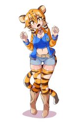 Rule 34 | 1girl, absurdres, animal ears, animal print, artist name, breasts, cat ears, cat tail, curvy, highres, large breasts, looking at viewer, lucyfer, medium hair, nail polish, navel, original, shiny clothes, short shorts, shorts, simple background, standing, tail, thong, tiger ears, tiger print, tiger tail, tuka (lucyfer), wide hips, yellow eyes
