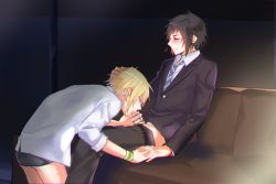 Rule 34 | 10s, 2boys, black hair, blonde hair, blush, clothed sex, couch, cum, cum in mouth, drooling, erection, final fantasy, final fantasy xv, hand on head, male focus, multiple boys, noctis lucis caelum, penis, prompto argentum, s musou1, saliva, school uniform, sitting, sweat, underwear, undressing, wince, yaoi