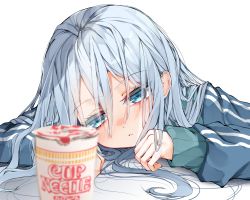 Rule 34 | 1girl, absurdres, blue eyes, blue jacket, blurry, blush, depth of field, empty eyes, english text, eyelashes, hair flowing over, hair over eyes, half-closed eyes, head rest, highres, jacket, long hair, long sleeves, looking afar, messy hair, nissin cup noodle, parted lips, pov across table, product placement, project sekai, simple background, sleepy, solo, track jacket, tsune (tune), white background, yoisaki kanade
